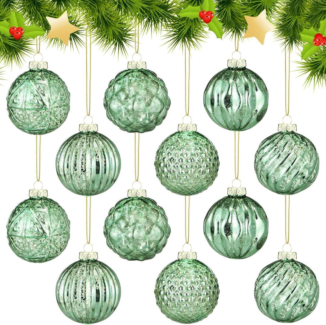 Jenaai 12 Pcs 2.36 Inch Mint Green Glass Christmas Ball Ornaments Vintage Christmas Tree Decorations Mercury Glass Hanging Ornaments for Holiday Xmas Trees Party Garland DIY Craft Supplies, 6 Style