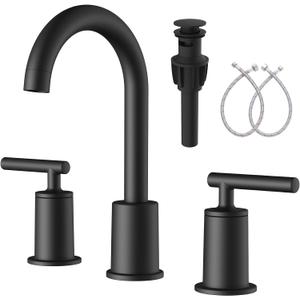VXV 3 Hole Bathroom Faucet Matte Black, Widespread 8 inch Bath Sink Faucets with 360 Swivel Spout, 2 Handle Vanity Faucets with Pop Up Drain & Water Supply Lines, Easy Installation (MB)
