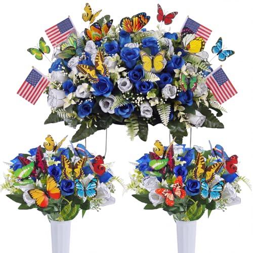 Zeyune 25 Pcs Memorial Day Artificial Cemetery Flowers for Rose Graves Headstone Saddle Flowers with Vases Butterflies and Flags for Outdoor Grave Tombstone Decorations (Blue)