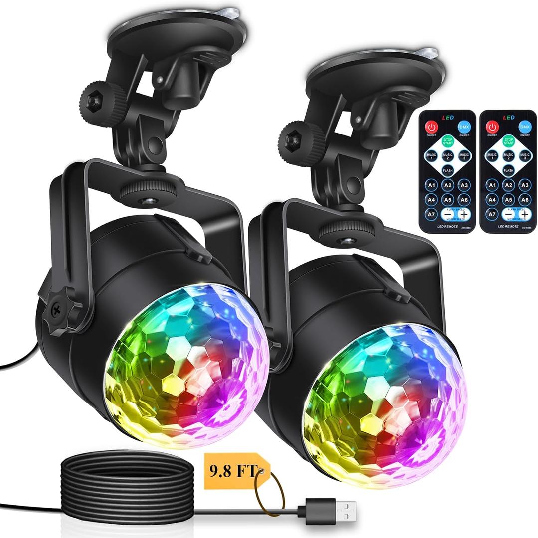 [2-Pack] Disco Ball Party Lights Sound Activated Suction Cup Stand & Remote, Strobe DJ Lights for Valentines Day Decorations Mardi Gras Birthday White Elephant Gifts Home Dance Party Supplies