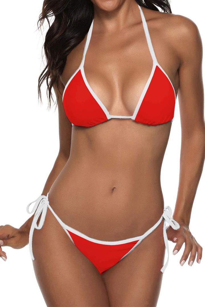 Suvimuga Women Two Piece Swimsuit Color Block Swimwear Halter String Triangle Bikini Sets (Medium, Red)