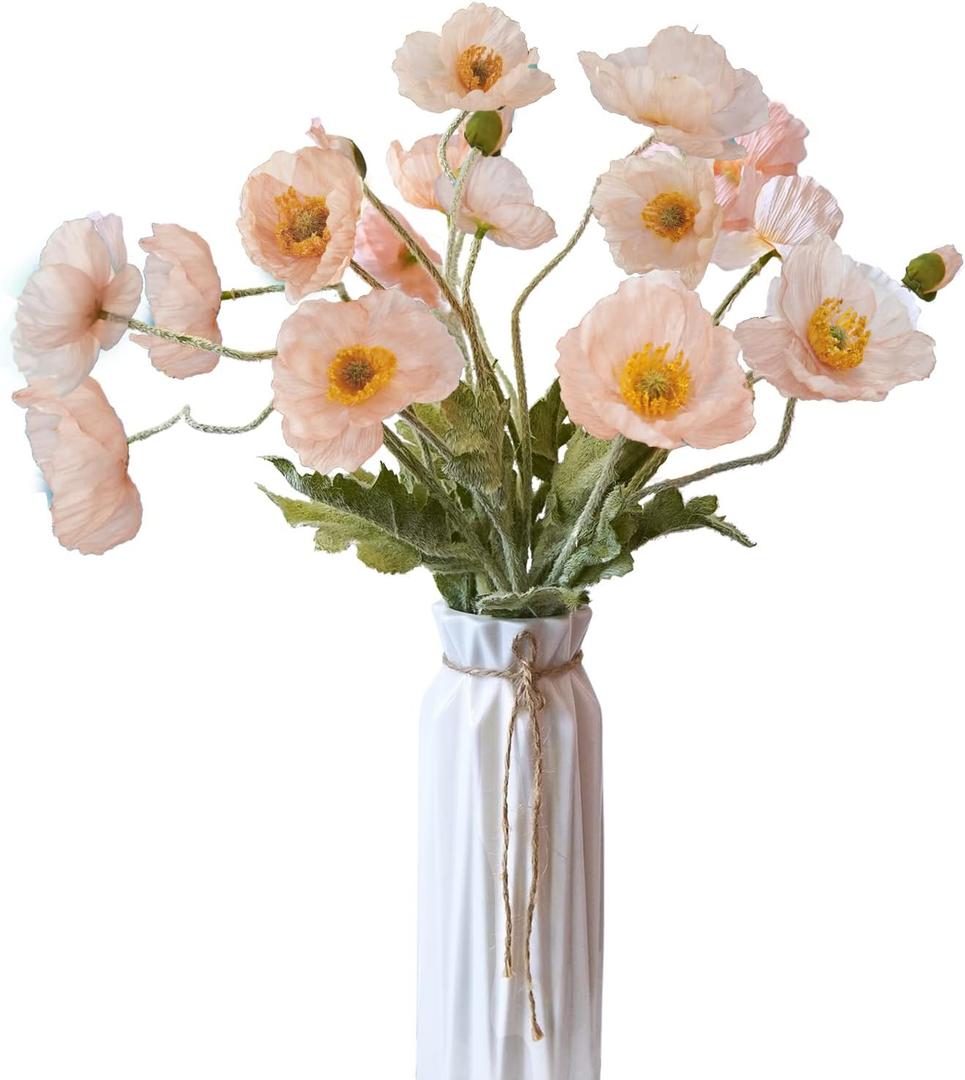 Artificial Flowers 5Pcs Poppies Flowers Artificial Silk Flowers for Home Office Wedding Outdoor Decor (Champagne)