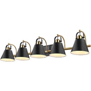 5-Lights Black and Gold Vanity Light, 40inch Modern Farmhouse Vanity Lights, Bathroom Light Fixtures Over Mirror with Hammered Metal Shade, Brushed Gold Wall Lamp for Bath Mirror Living Room Cabinet