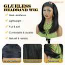 PHOCAS Long Black Headband Wig 14" Synthetic Straight Headband Wigs For Black & White Women, Natural Wear and Go Glueless Wig Ice-Silk Head Band Wigs for Daily Travel Party Gym Use
