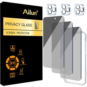 Ailun 3Pack Privacy Screen Protector for iPhone 15 Pro Max [6.7 inch]+3Pack Camera Lens Protector with Installation Frame,Dynamic Island Compatible,Anti Spy Tempered Glass[9H Hardness]-HD