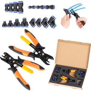 Push to Connect Fittings Air Line Disconnect Tool Kit Push Fitting Removal Tool for 1/4, 5/16, 3/8, 1/2 (6mm, 8mm,10mm,12mm) Quick Connect Release Pliers with 15 Pcs Pneumatic Fittings