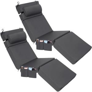 2 x Wenqik 2 Pcs Outdoor Chaise Lounge Cushion with Pillow and Side Pocket Waterproof Lounge Chair Cushions with Pocket on Back 72 x 21 x 4 Inch Patio Pool Replacement Pad (Dark Gray)