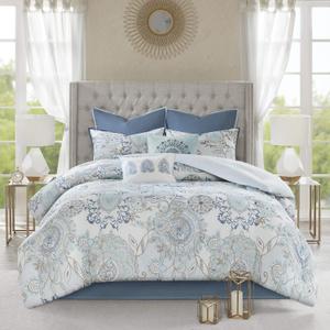 Madison Park Reversible Cotton Comforter Season Set, Matching Bed Skirt, Decorative Pillows, King(104"x92"), Isla, Floral Medallion Blue 8 Piece