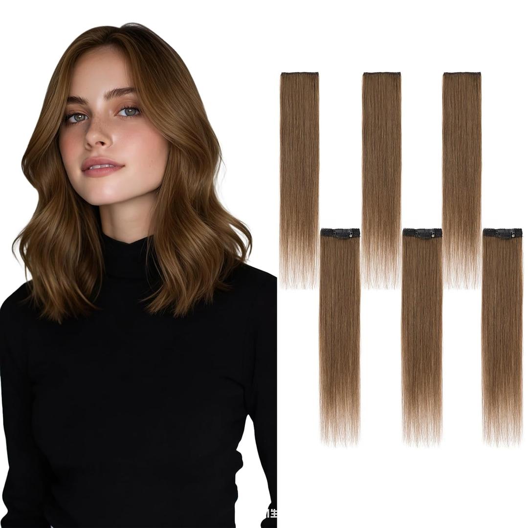 6PCS Clip in Hair Extensions Real Human Hair Short Clip in Extensions for Women Short Straight Hairpieces to Add Volume and Highlights 10 Inch Medium Brown