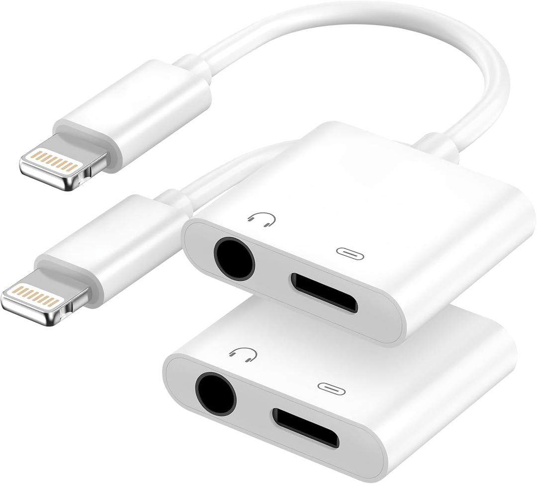 Apple MFi Certified 2-in-1 Lightning to 3.5mm Headphone Jack Adapter,Fast Charger&Aux Audio Splitter Dongle for iPhone-Car AUX,Home,Gym,Travel,Compatible with iPhone 14/13/12/11/XR/X/8/7,2Pack,White