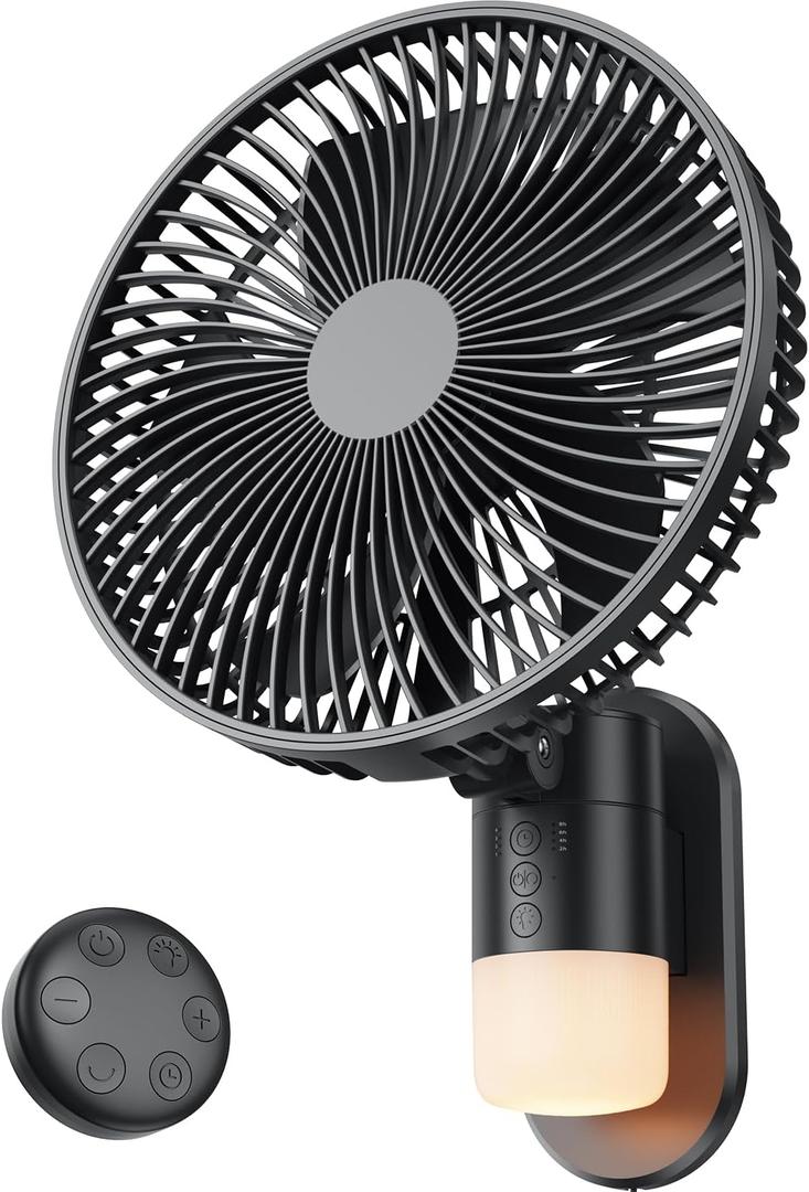 10 Inch Wall Mount Fan with Light and Remote Control – 90° Oscillating RV Fan, 4 Speeds Quiet Motor, 180° Manual Tilt, Timer Setting for Bedroom, Dorm, Home Office, Small Spaces