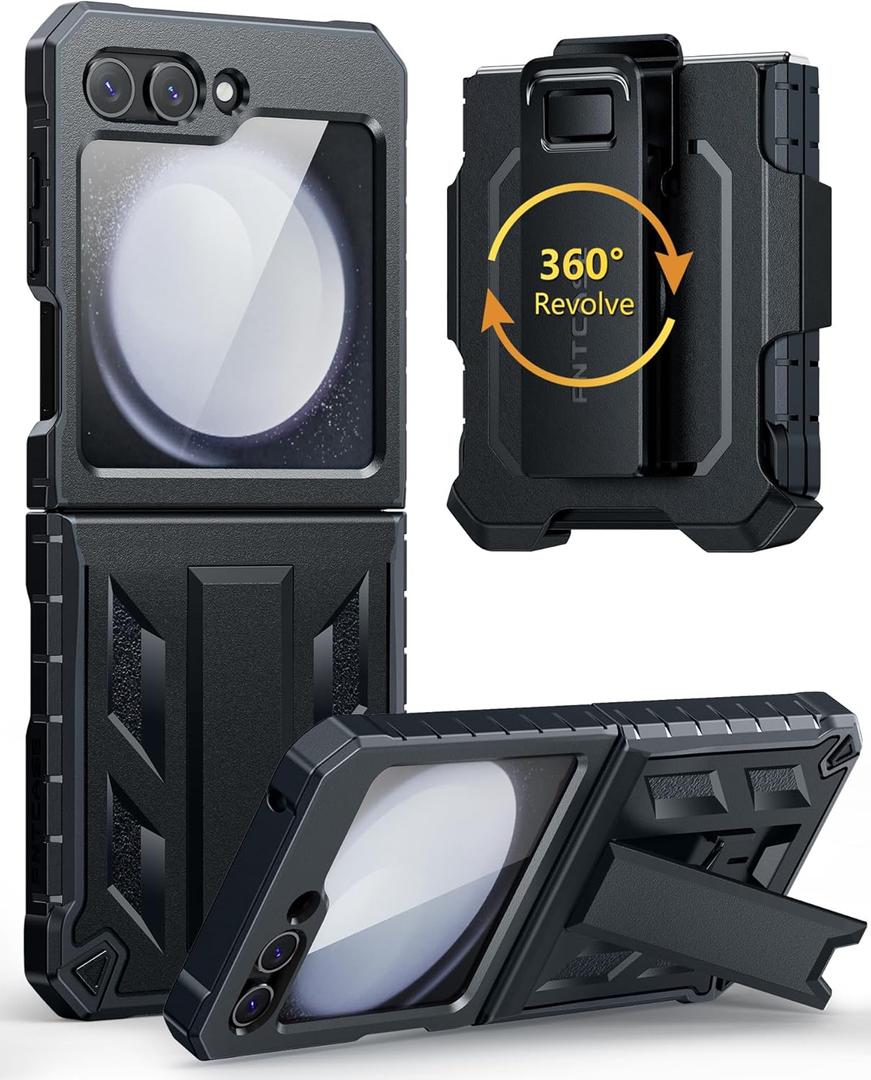 FNTCASE for Samsung Galaxy Z-Flip5 Case: Military Grade Drop Protection Shockproof Cell Phone Cover with Belt Clip Holster & Kickstand | Protective Full-Body Rugged Case for Z Flip 5, 2023 - Black