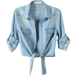 SeekMe Womens Denim Shirts Tie Front Crop Top Button Down Chambray Jean Shirts (Blue, M)