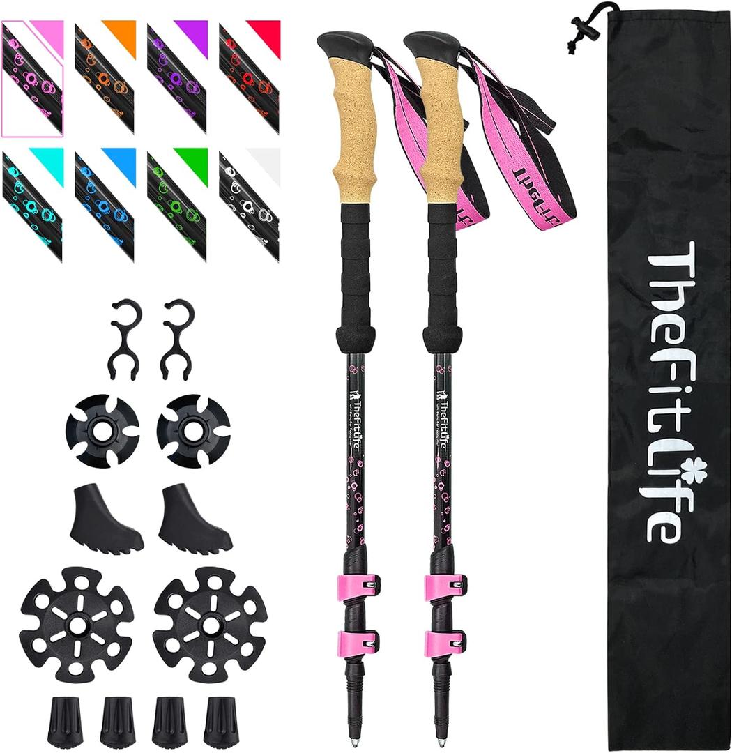 TheFitLife Carbon Fiber Trekking Poles Collapsible and Telescopic Walking Sticks with Natural Cork Handle and Extended EVA Grips, Ultralight Nordic Hiking Poles for Backpacking Camping (Black)