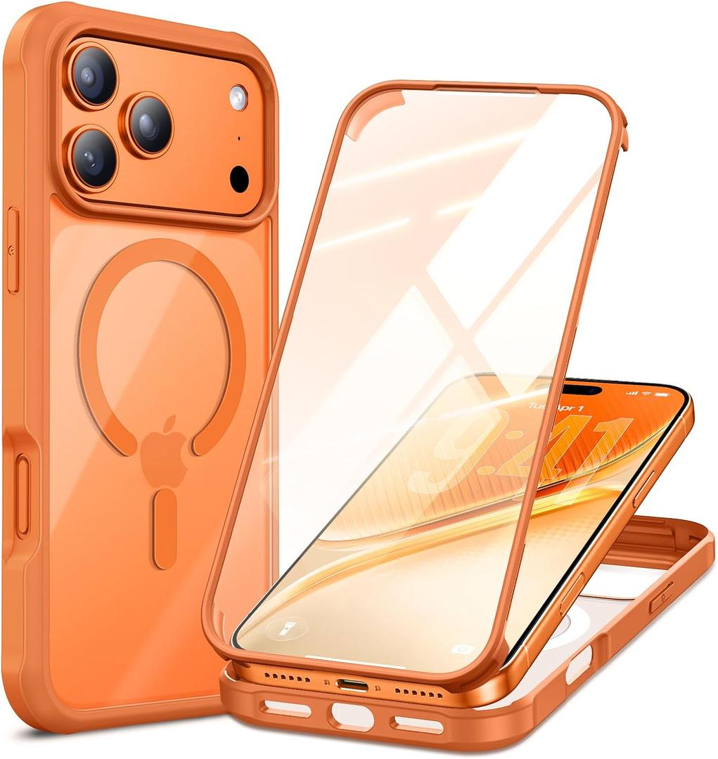 GUAGUA for iPhone 17 Pro Case Full-Body Phone Case with Built-in Glass Screen Protector, [Magnetic with MagSafe] Shockproof Clear Phone Case for 17 Pro 6.3", Orange