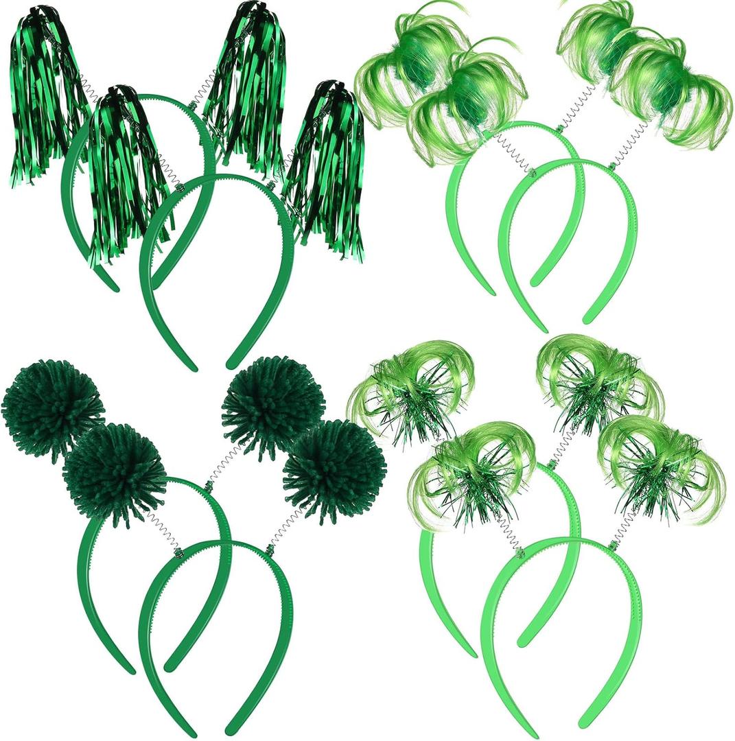 Censen 8 Pcs Halloween Pom Pom Headbands Party Headbands Tinsel Wrapped Ponytails Head Bopper for Birthday Festival (Green)