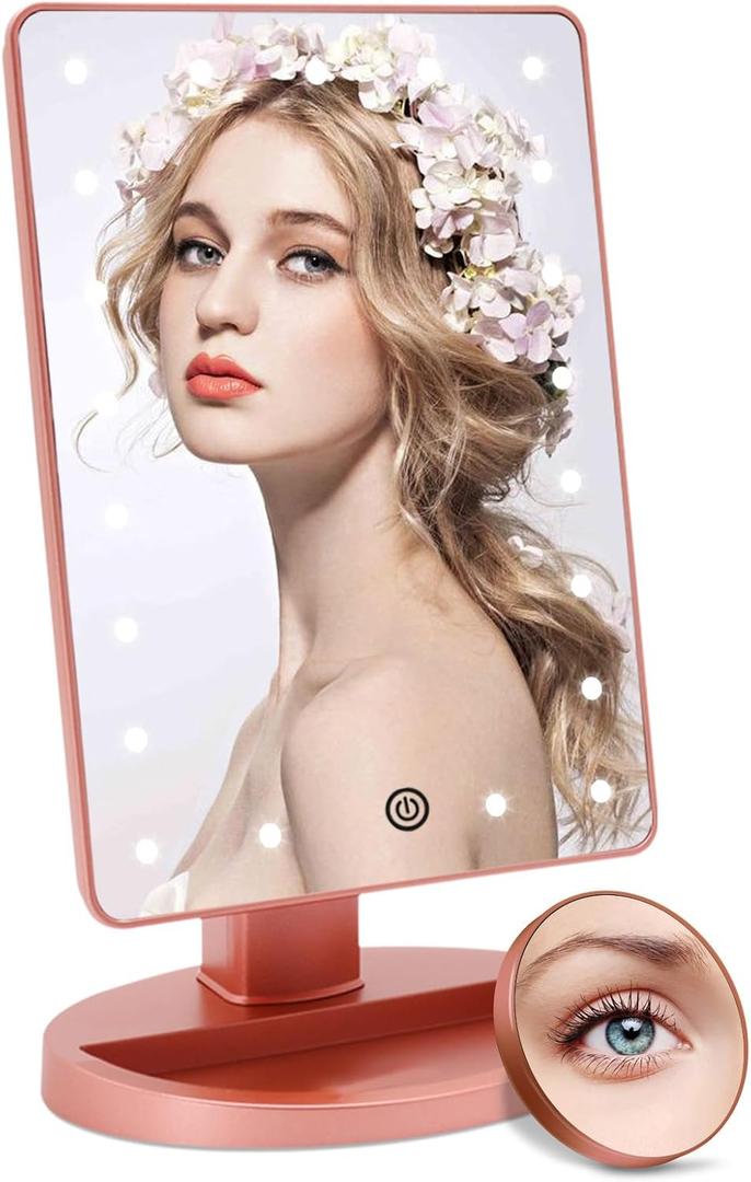 COSMIRROR Lighted Makeup Vanity Mirror with 10X Magnifying Mirror, 21 LED Lighted Mirror with Touch Sensor Dimming, 180° Adjustable Rotation, Dual Power Supply, Portable Cosmetic Mirror (Rose Gold)