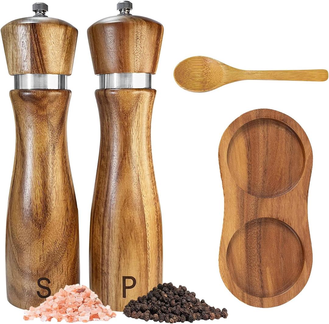 Wooden Salt and Pepper Grinder Set:Pepper Grinder Manual,Adjustable Coarseness,Crafted of Acacia Wood with Ceramic/Stainless Steel Core|Along with Salt&Pepper Mill Tray,Spoon,8in,2pack