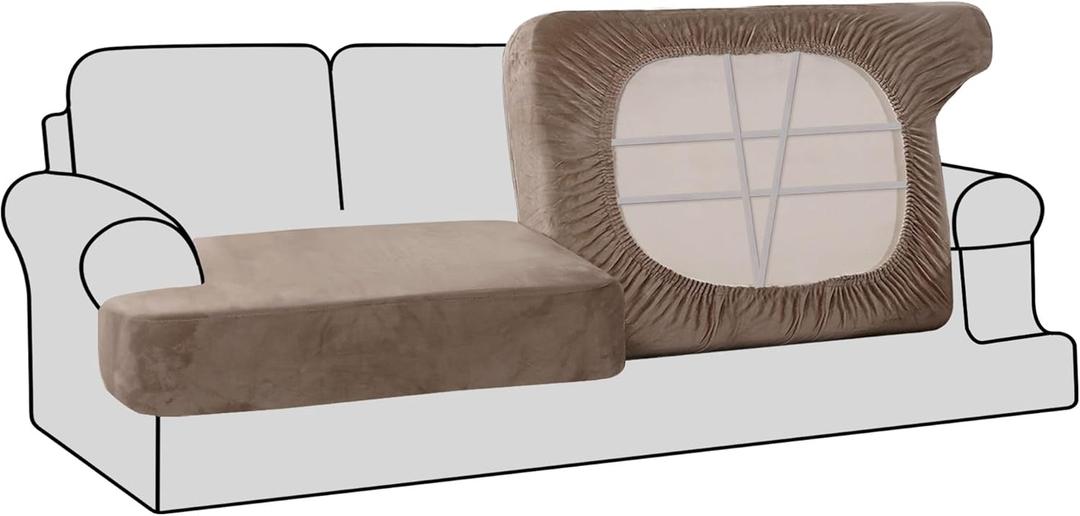 H.VERSAILTEX Stretch Velvet 2 Piece T Cushion Sofa Slipcovers - Individually Fitting Cushion Covers for 2 Cushion Couch - Stay in Place (Taupe)