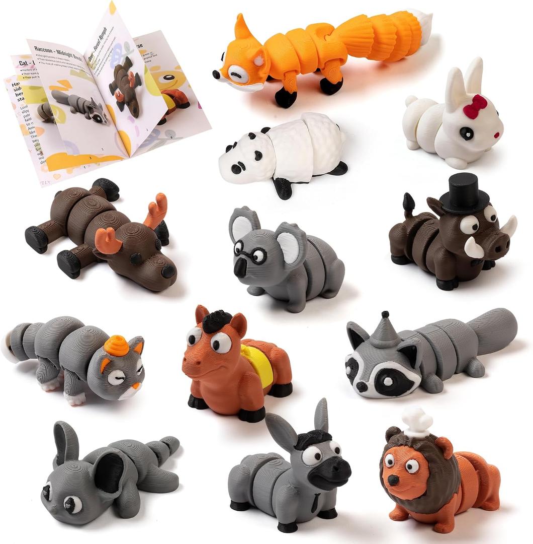 12 PCS 3D Printed Animals Figures Set,Little Animals Articulated Flexible Fidget Toy,Mini Animal Figurines Toy,3D Printed Cute Animal Toys Home, Office, Executive Desk for Christmas Decoration