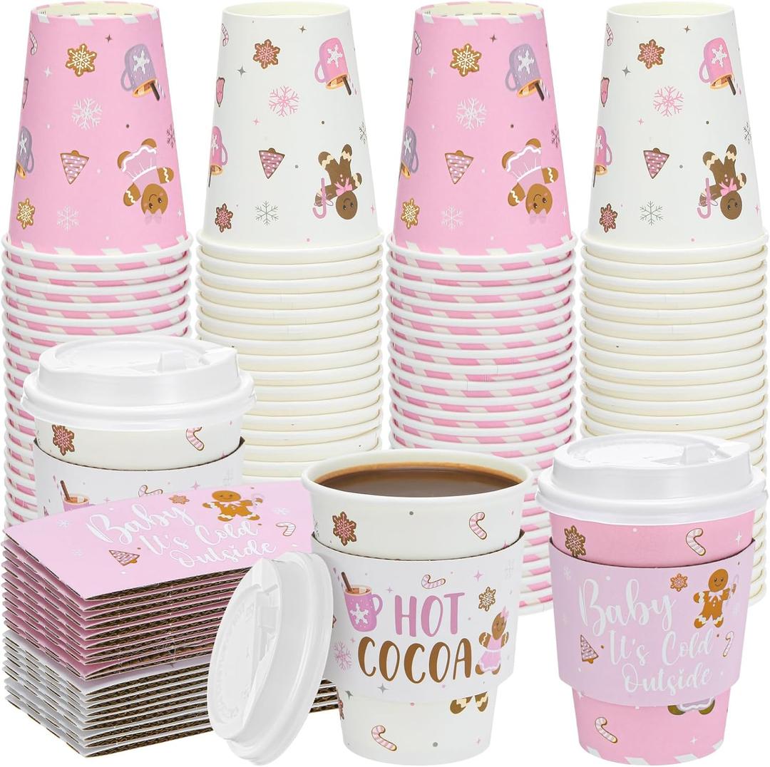 80 Packs Hot Chocolate Cups Bulk Hot Cocoa Bar Supplies Christmas Disposable Coffee Cups with Lids Sleeves 14 oz Christmas Chocolate Cup Beverage Brewed Cup for Party(Pink,Cute Style)