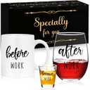Futtumy Before Work After Work Gift Set 11 Oz Coffee Mug 17 Oz Stemless Wine Glass 2 Oz Shot Glass Set for Boss Coworker Manger Leader Employee, Office Gifts Bosses Day Gifts Christmas Gift for Women
