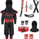 Ninjia Costume for Boys & Girls - Kids Ninja Costume Suit with Deluxe Ninja Accessories for Halloween Cospaly Dress Up (S ( 3-5 Years ), Red & Black 1)