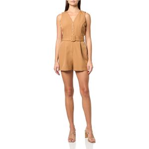 BCBG womens Sleeveless V-neck Button Front Belted Romper, 16
