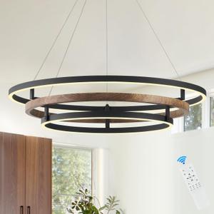 3 Ring LED Chandelier Walnut Wood Black Chandelier Light Fixture 31in Dimmable Modern Entry Chandeliers Wood-Printed Circular Light for Foyer Dining Room Bedroom Office Living Room