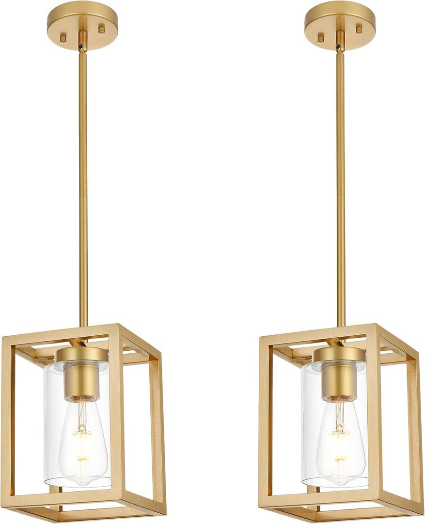 2 Pack Gold Pendant Light Metal Frame with Clear Glass Shade Kitchen Island Chandelier, The Single Hanging Light includes four 4 rods(1 rod=10 inch) 