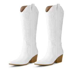 Arromic Cowboy Boots for Women Comfortable Womens Embroidered Western Cowgirl Knee High Boots Pointed Toe Zipper Chunky Heel Country Outfit Retro Tall Boots, Size 7