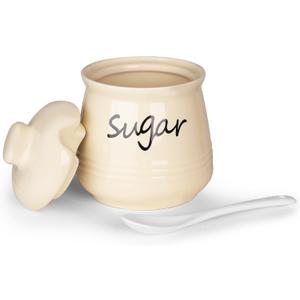 HAOTOP 12oz Sugar Bowl with Lid and Spoon,Ceramic Sugar Jar Sugar Dispenser Sugar Container Coffee Bar Accessories, Kitchen Countertop Canisters, Beige