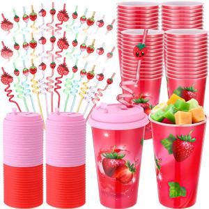 Maxcheck 36 Sets Strawberry Party Favors Goodie Cups with Lids and Straws for Birthday Decorations 36pcs 16oz Plastic Cups Reusable Plastic Straws for Birthday Party (Strawberry)