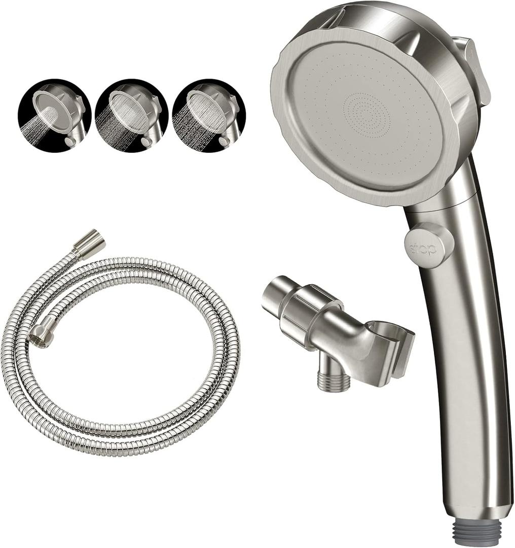 KAIYING Brushed Nickel High Pressure Handheld Shower Head with ON/OFF Switch, 3 Spray Modes, Adjustable Angle Bracket, and Hose