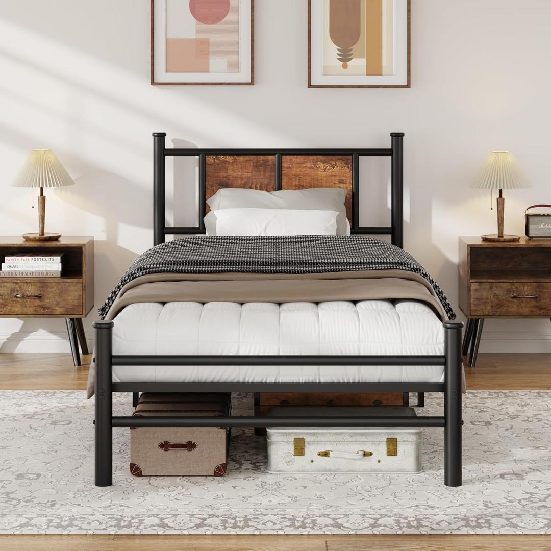Twin Size Metal Platform Bed Frame, Mattress Foundation with Headboard and and Footboard, No Box Spring Needed, Sturdy Steel Slat Support, Non-Slip and Noiseless, Easy to Assemble