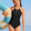 Girls One Piece Swimsuits Modest Padded Girls Bathing Suit Adjustable Straps Solid Full Coverage Swimwear Kids 9-16 (9-10 Years)