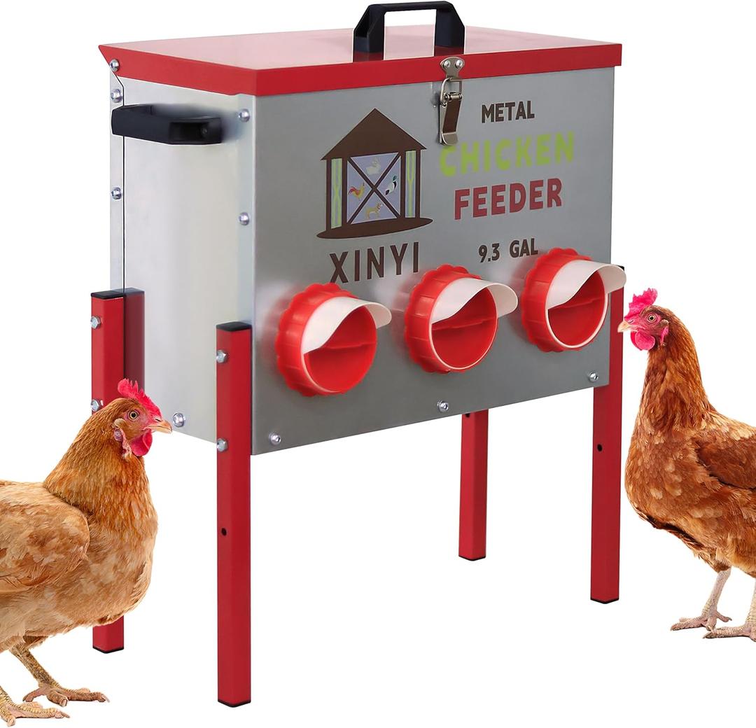 XINYI 9.3 Gallon Automatic Chicken Feeder, 6 Ports Gallon Chick Feeder No Waste with Adjustable Legs, Rodent Proof & Weatherproof Metal Raised Poultry Feeder