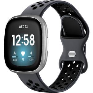 Maledan Breathable Sport Solo Loop Bands for Fitbit Versa 3/4, Sense/Sense 2 - Replacement Wristbands for Men and Women - Smart Watch Accessories (Large: for 5.7"-8.07" (145-205mm) Wrist, 1-Coal/ Black)