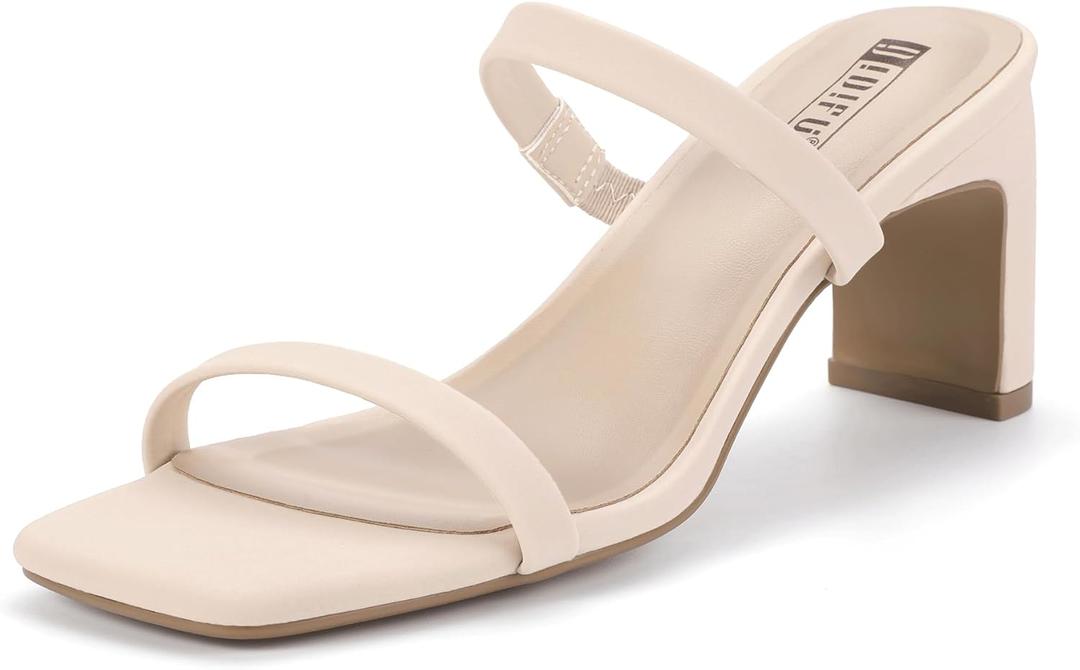 IDIFU IN3 Chunky Heels For Women Low Block Square Open Toe Heels Two Strap Slip On Comfortable Slides Heeled Sandals Sexy Wedding Prom Party Dress Shoes Cute Mule Short Heels (5.5, Nude Nubuck)