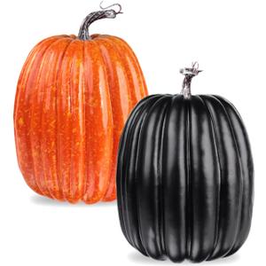 vensovo 2PCS 8 Inch Plastic Pumpkins for Decorating - Black & Orange Large Artificial Foam Pumpkins for Fall Decor, Halloween, Thanksgiving, Paintable for DIY Crafts & Centerpieces