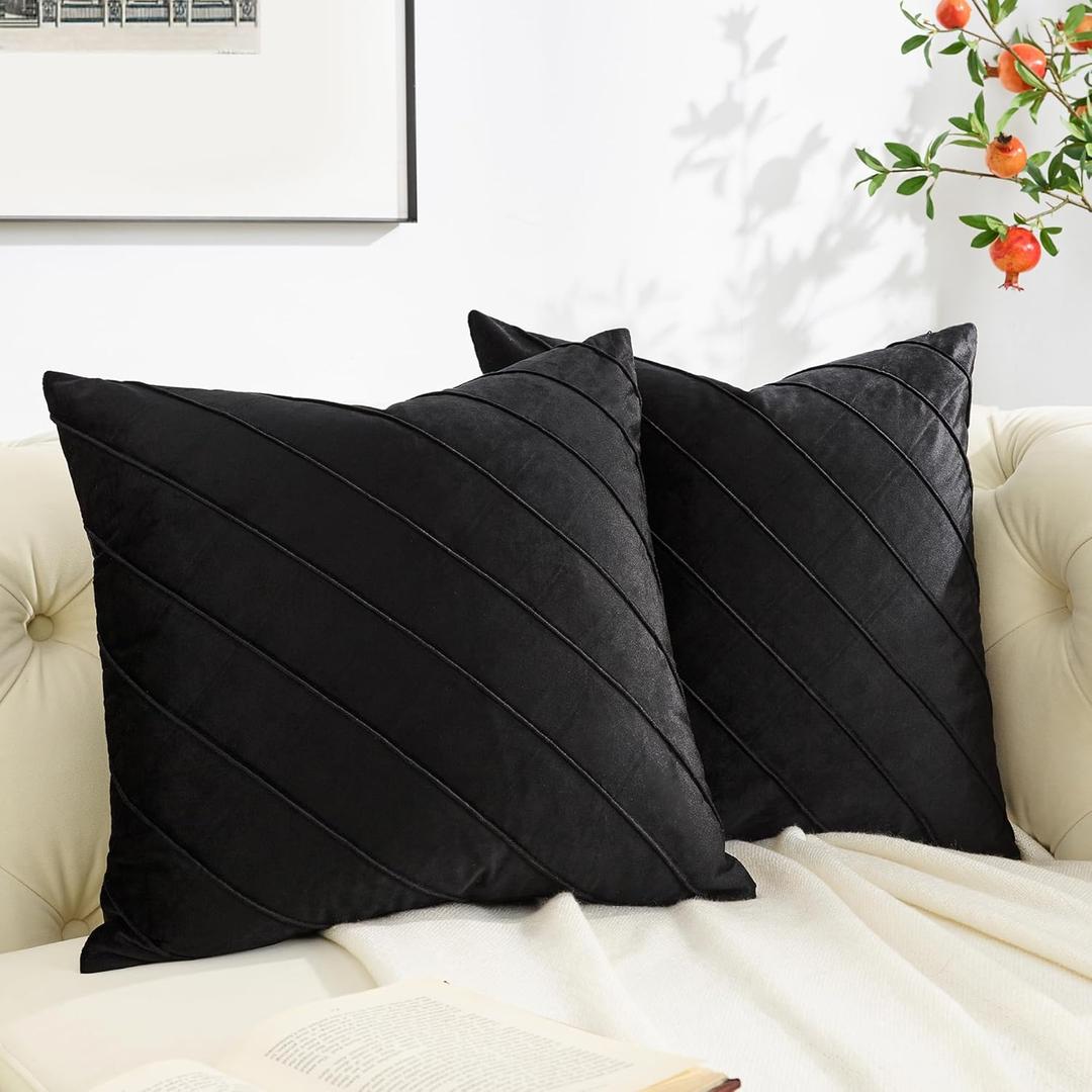 GIGIZAZA Decorative Velvet Pillow Covers 16x16, Set of 2 Black Sofa Couch Throw Pillows Covers Cases, Living Room Square Cushion Accent Stripe Covers