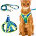 PetThem Upgraded Cat Harness and Leash Set - Step-in Escape Proof Adjustable Cat Harness, Comfortable Soft Lightweight, Reflective Harness for Walking, Travel, Camping (Hawaii Green, M)