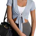 Fisoew Womens Wrap Tie Tops Short Sleeve Ballet Pilates Yoga Crop Shirts Y2k Workout Deep V Neck Casual Wrap Tops, M