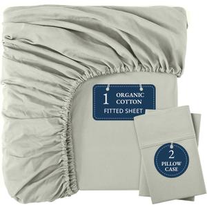 LANE LINEN King Fitted Sheet, 100% Organic Cotton, 3-Piece Set (1 Fitted Sheet,2 Pillowcases), Percale Weave, Ultra Soft, Breathable,Fits Mattress Upto 15" Deep - Mineral (No Flat Sheet)