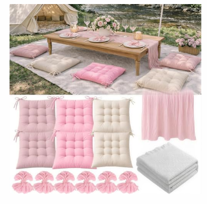 Extra Large Picnic Blanket Set with Tablecloth, 6 Cushions, Table Runner