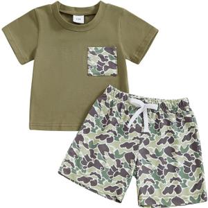 Toddler Baby Boy Summer Clothes Retro Embroidery Duck Hunting Shirts T-Shirt + Elastic Camouflage Shorts Set (Army Green)
