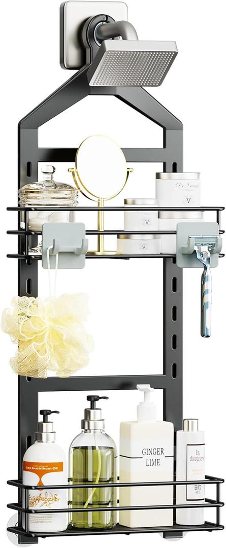 Orimade Adjustable Anti-slip Shower Caddy over Head, Rustproof Bathroom Hanging Shower Organizer with 2 Hooks for Razor, No Drilling Shower Shelves Storage Rack 2 Tier, Black