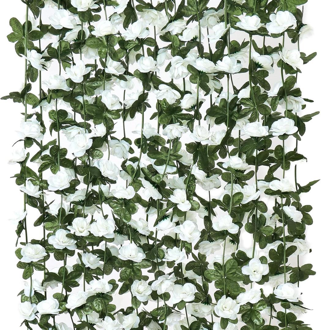 KHOYIME 9 Pack 72 FT Artificial Flower Garland, Fake White Roses Vines Silk Flowers Faux Plastic Outdoor Hanging Floral Ivy Garland Decoration for Wedding Arch Bedroom Home Wall Backdrop Room Decor