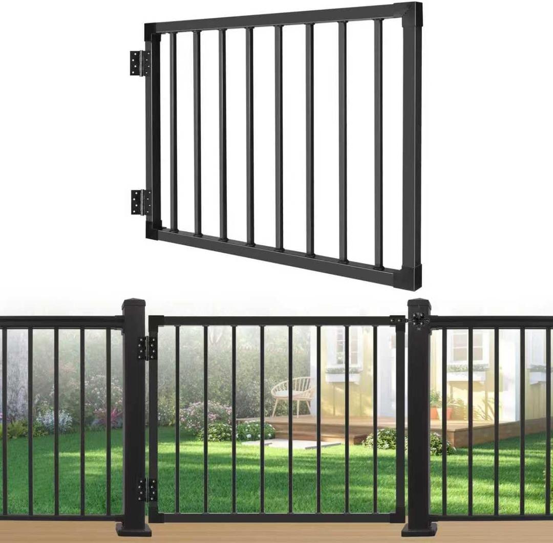 Deck Fence Gate Outdoor, 38 Gate for 42 Deck, Black Heavy Duty Steel Anti-Rust Door with Cuttable Width (Up to 48"), Metal Gate for Residential, Yard, Patio, with Hinges and Latch