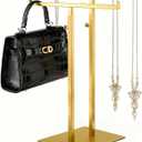 Purse Display Stand Jewelry Towers, Double T-Shaped Tabletop Stainless Steel Hook Hanging Adjustable Height Handbag Holder for Organizer Luxury Bags Necklaces Home Store Boutique Retail Closet